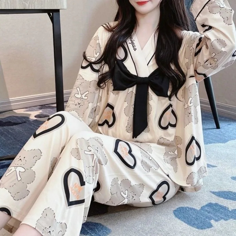 Spring Autumn Sweet Pajamas Loose V-neck Bow Korean Style Long Sleeve Womens Sleepwear Set Female Large Size 6xl Homewear Suit 240729