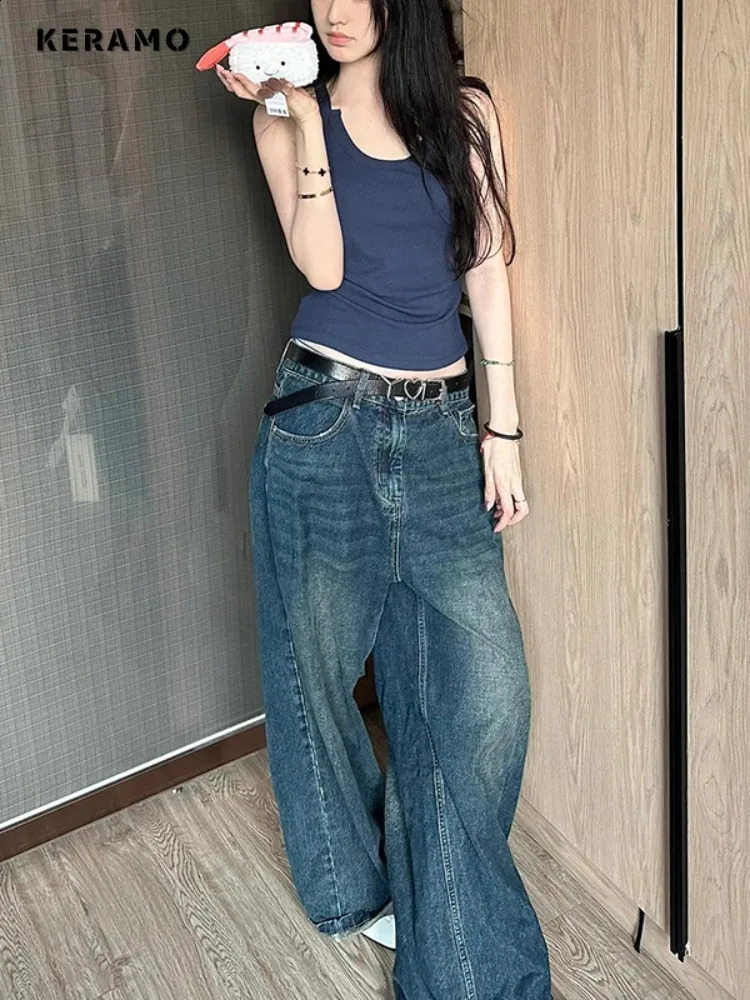 Womens Casual Washed Vintage Pants Y2K Baggy Japanese 2000s Denim Trouser Female High Street Retro Solid Color Trashy Jeans 240729