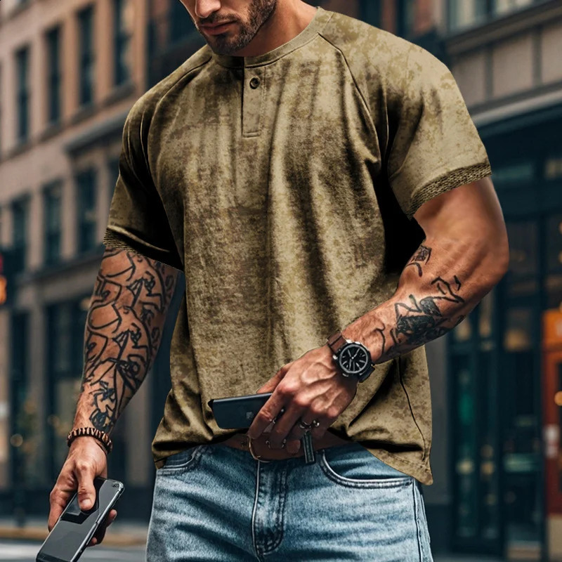 Summer Slim Button T Shirt Casual Solid Color O Neck Short Sleeve Gym Tees Fashion Men Clothing Oversize Muscle Male Shirt Tops 240729