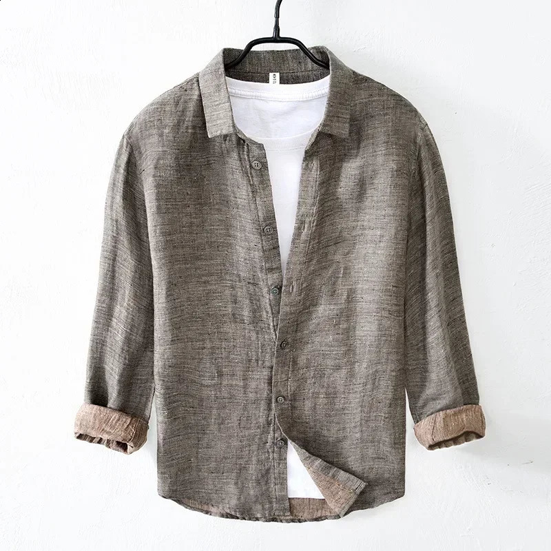 Linen Shirt for Mens Spring Autumn Long Sleeved Top Korean Version Breathable Shirt Oversized Loose Fitting Mens Clothing 240729