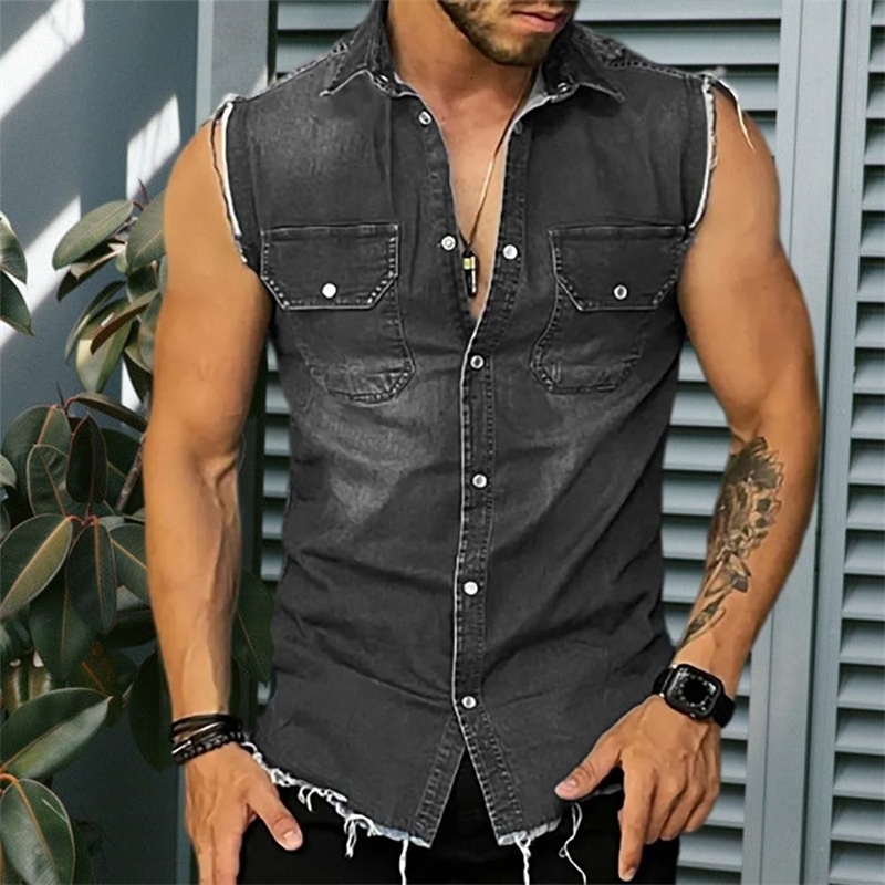 Lapel sleeveless vest jacket single chest lapel pocket tassel mens summer solid color denim shirt street fashion show body muscles y240729