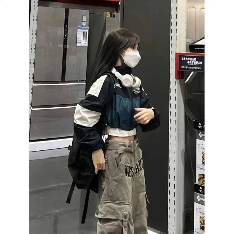Deeptown Cropped Bomber Jacket Women Windbreaker Korean Reviews Many Clothes Streetwear Kpop Oversize Hooded Zip-up Jackets 240729