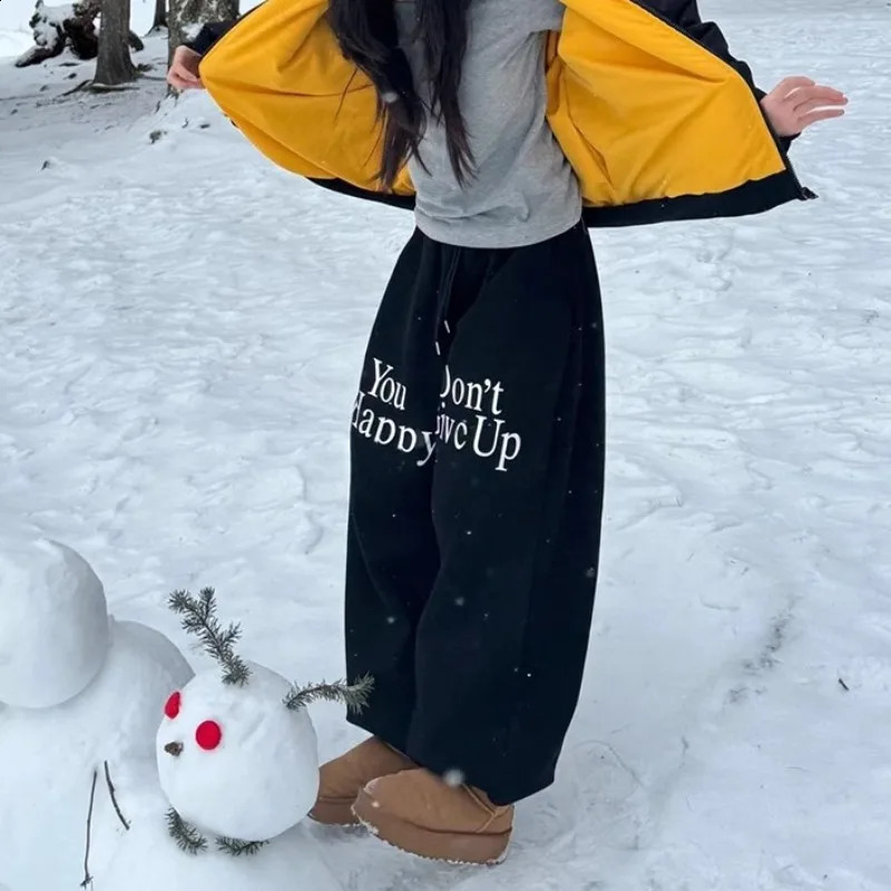 QWEEK Winter Fleece Womens Sweatpants Vintage Oversized Y2k Harajuku Warm Pants Streetwear Hip Hop Korean Fashion Trousers 240730