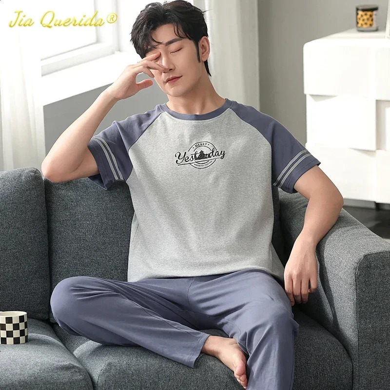 SUKAE Elegant Mens Pajamas Summer Knitted Cotton Leisure Sleepwear for Men O-neck Short Sleeved Long Pants Pijamas Set for Boy 240730