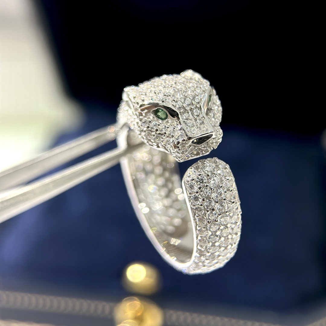 Panthere Ring high quality wide sterling silver cheetah ring hand inlaid 300 crystals and natural emeralds counter quality for women size for US