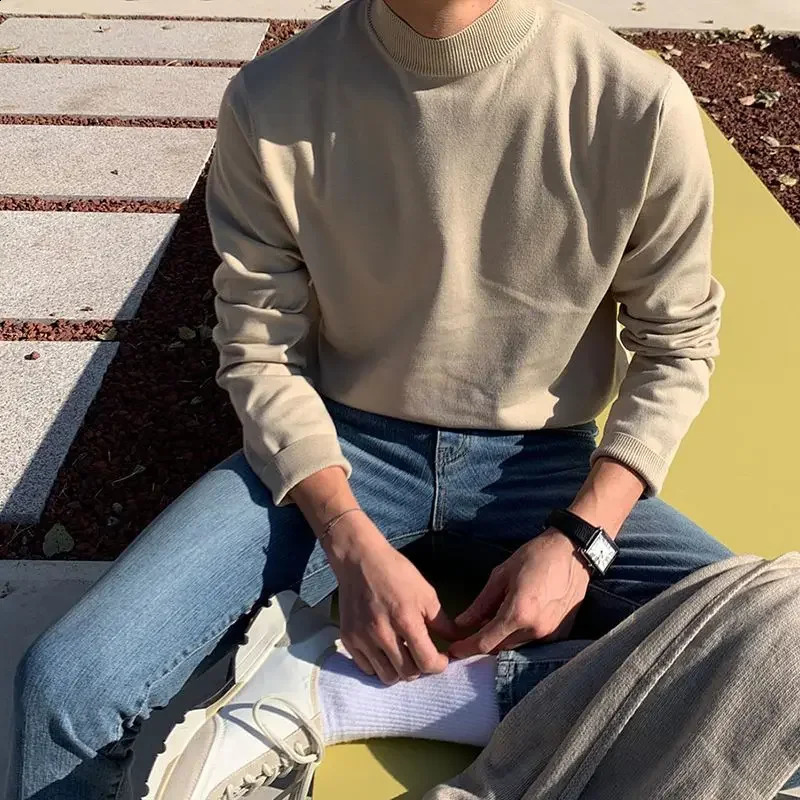 Solid color half neck bottom sweater mens long sleeved Korean fashion autumn and winter casual full set latte art mens style 240930