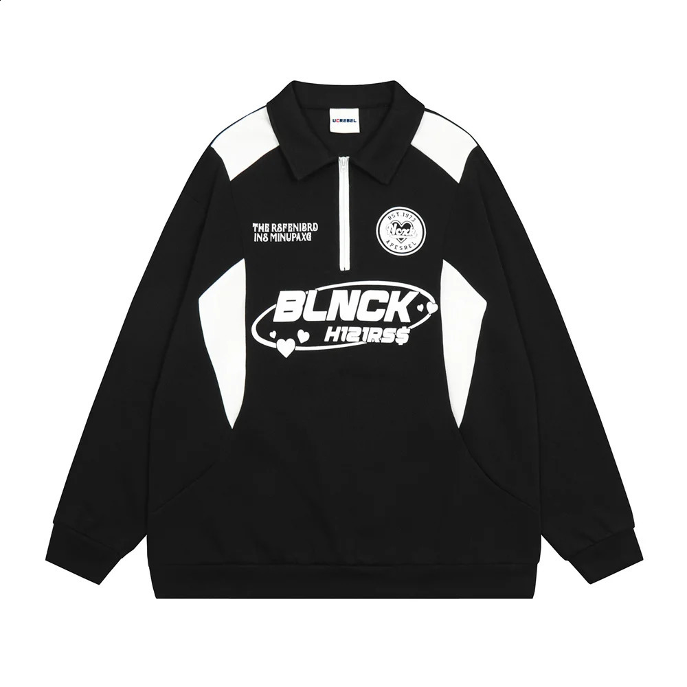 American Retro Street T-shirt à manches longues hommes et femmes Y2K Small Loose Casual Couleur Contrast Racing Polo Collar Veste Vestes 240730