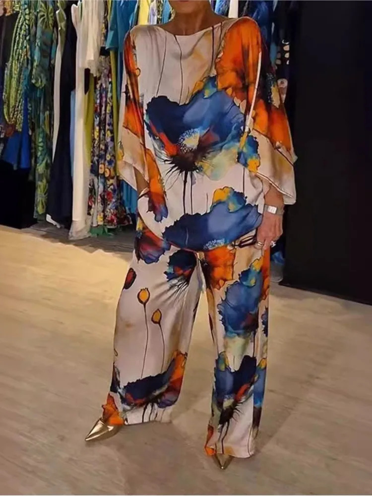 Elegant printed pants set for women with batwing sleeves loose shirt top brushed mens 2piece autumn long sleeved fashion 240729Z