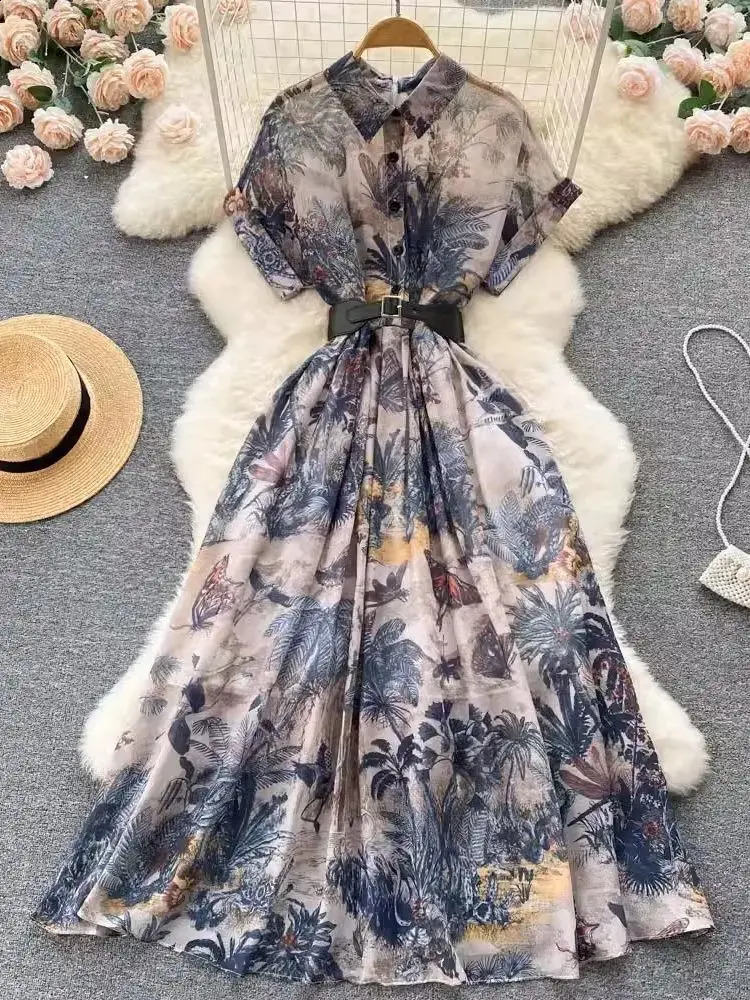 Robe de fête vintage française Collier de chemise d'été à manches courtes élégants imprimées fleurs hautes hautes rétro simples poitrines longues