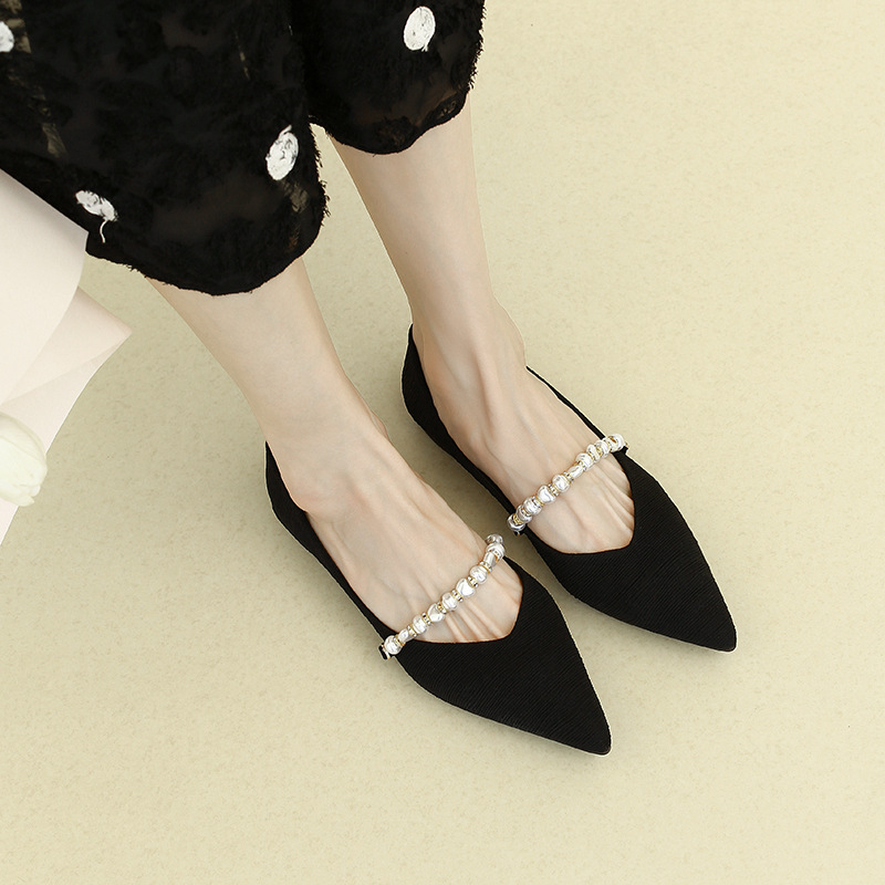 2025 new summer spring green stripe shoes woman pearl band Mary Janes pointed toe crystal chains women ballet flat 3a4d