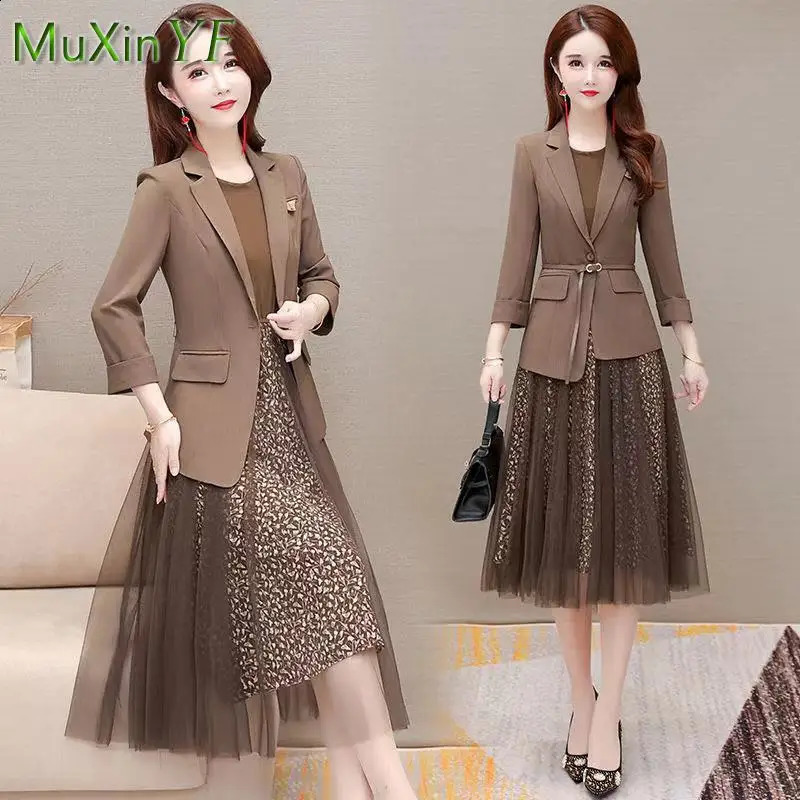 SpringSummer Jacket Dress Two Piece Womens Elegant Mesh Skiing Set Korean Fashion Professional Clothing 240729