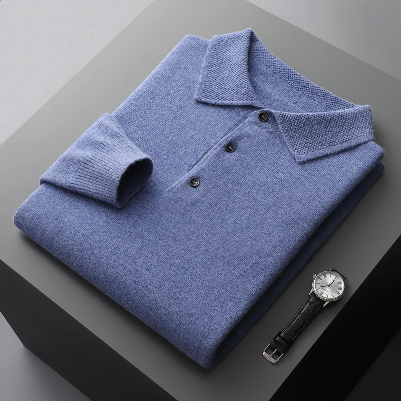Autumn and winter 100% pure wool sweater mens POLOL neck sweater lapel button cashmere sweater business knitting bottoming 240730