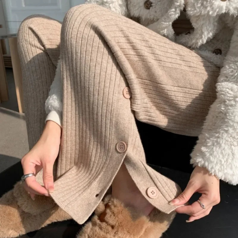 Split knitted wide leg pants for women in autumn and winter loose fitting high waisted draped casual and comfortable pants 240730