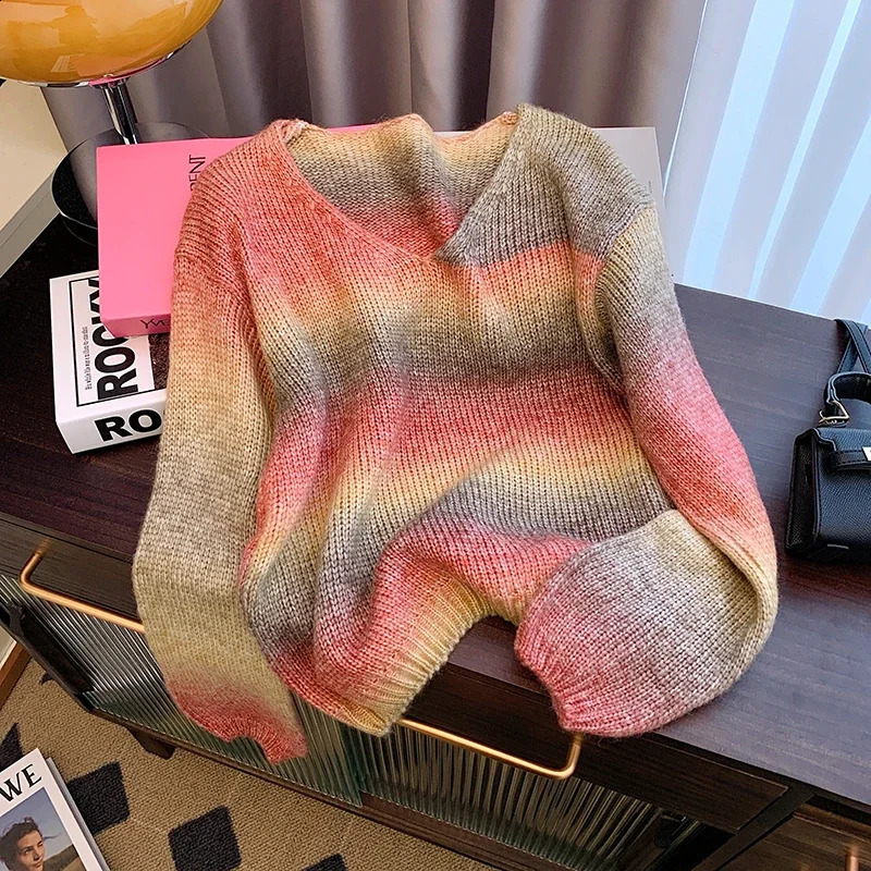 Pull à col en V Femmes d'hiver Pull doux épais doux Style Lazy Retro Sweet Gradient Long Sleeve Loose Pullover Tricoted Top 240730