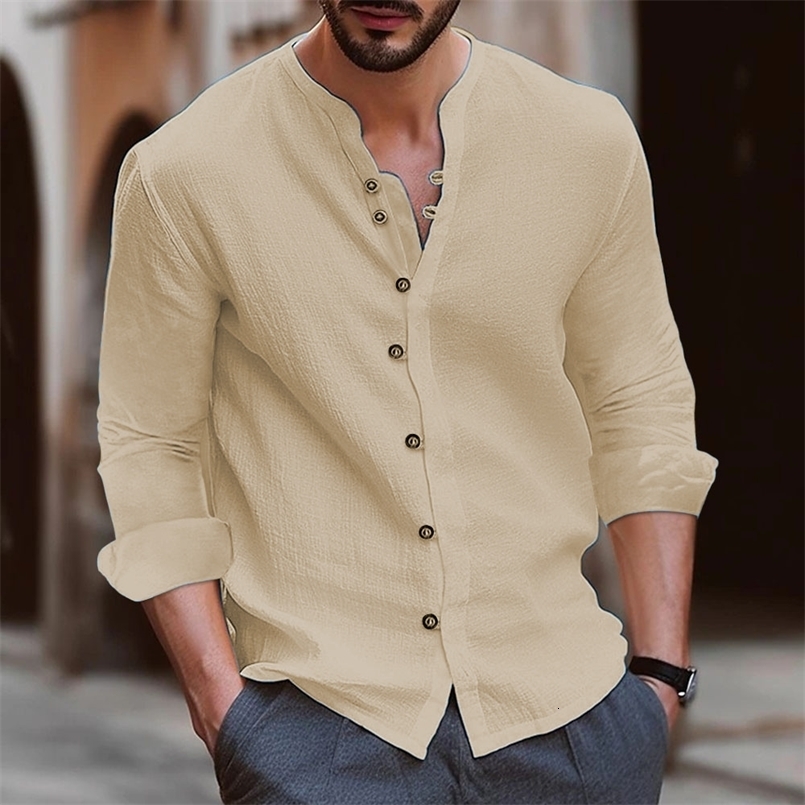 Autumn/Winter mens retro cotton and linen casual loose long-sleeved shirt240730