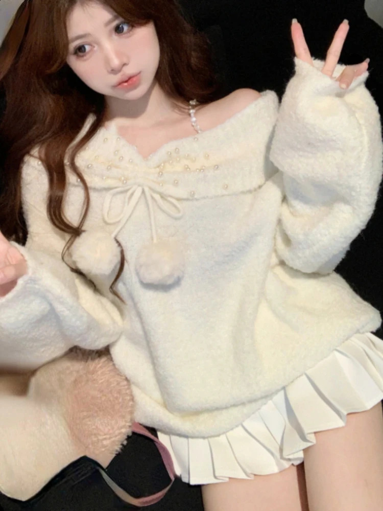 Autumn Winter Korean Women Knitted Sweaters Off Shoulder Pearl Long Sleeves Sweet Pullovers Female Fashion Lazy Style Knitwear 240730