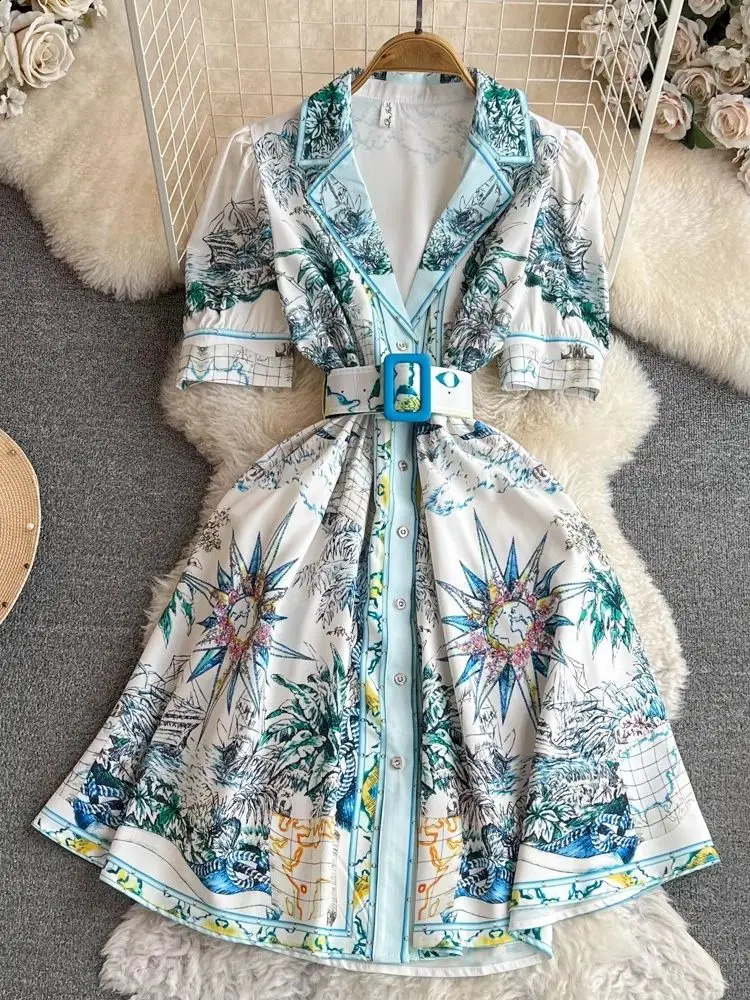 La piste d'été laisse imprimer la robe à manches bouffantes vertes Femmes Collier narqué simple Breasted Belt Mini A Line Party Vestidos240730
