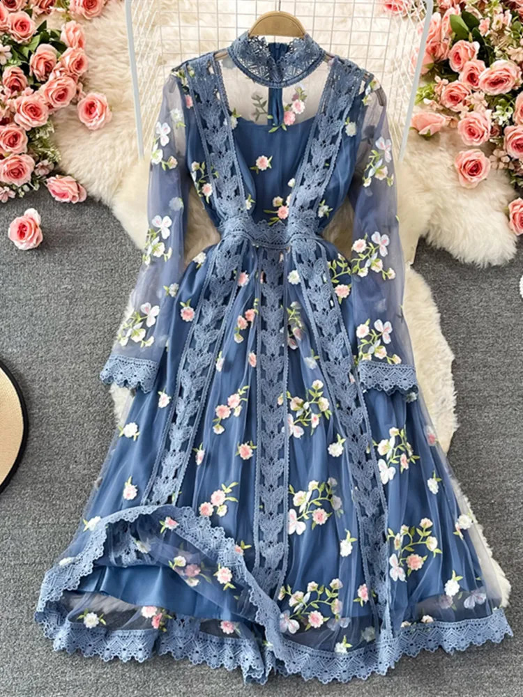 Boho Autumn Spring Flowers Brodery Robe Femmes Lace Lace Lace Mesh Floral Bleu Elegant Holiday Party Ladies Midi Vestidos240730