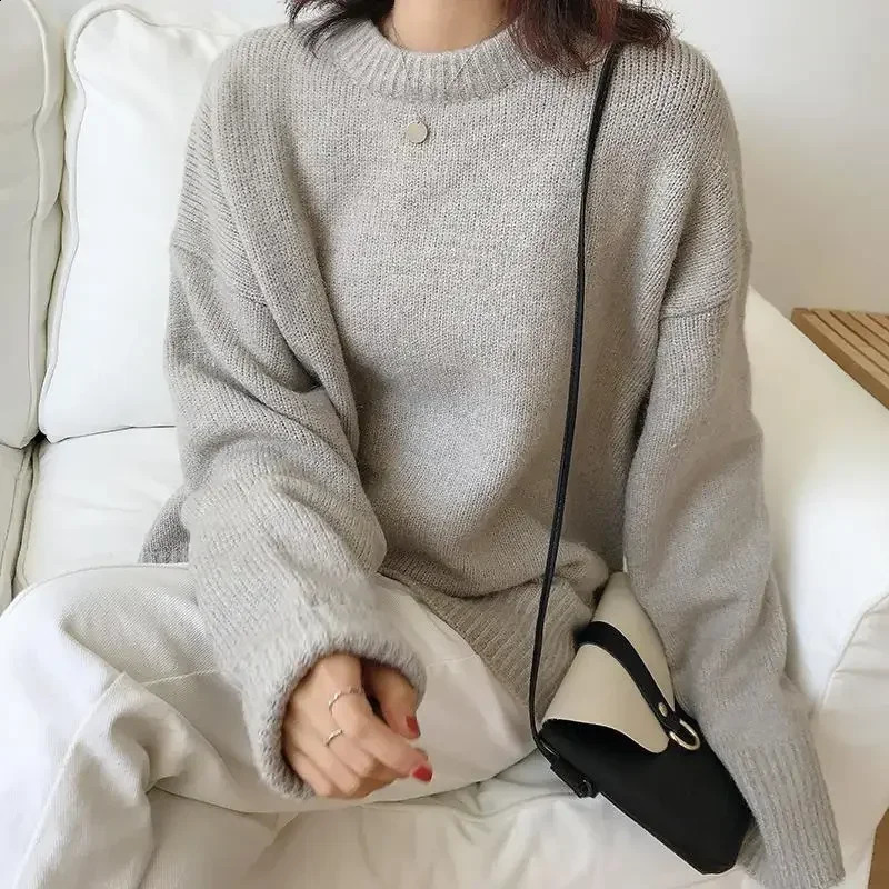Knit Tops for Woman Grey Pullovers Round O Neck Beig Womens Sweater Modern Korean Style Y2k Vintage Aesthetic Fashion Jersey 240730