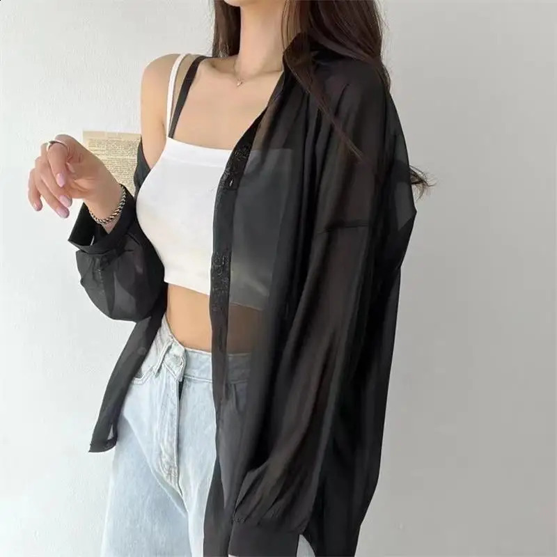 7 colors of womens shirts transparent fashionable simple for summer solid sunscreen top bag fully matched basic Korean style sexy dress 240729Z