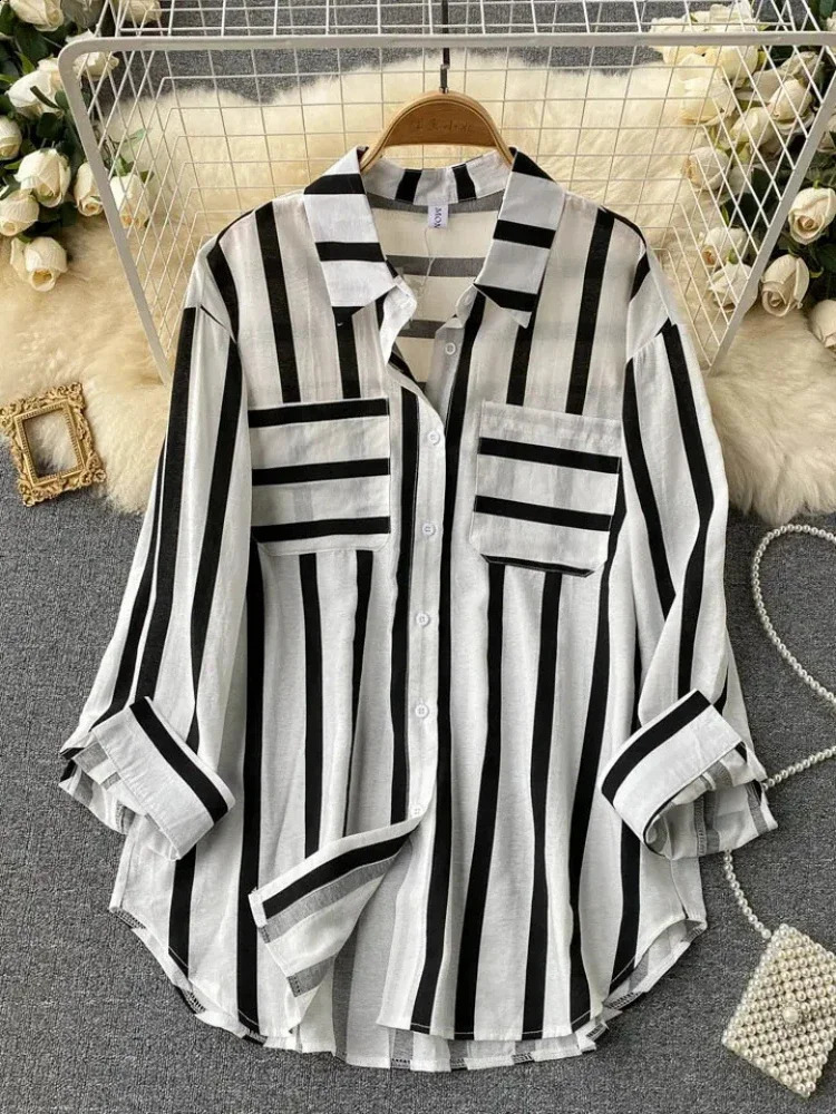 Fashionable womens 2024 medium length vertical striped jacket Korean casual loose fit suitable for elegant top tier shirts 240729