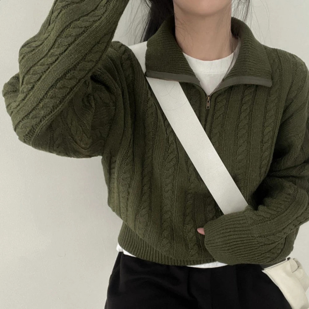 Autumn Oversize Knitted Sweater Women Vintage Pullover Baggy Long Sleeve Zipper Sweaters Lady Half High Collar Korean 240730