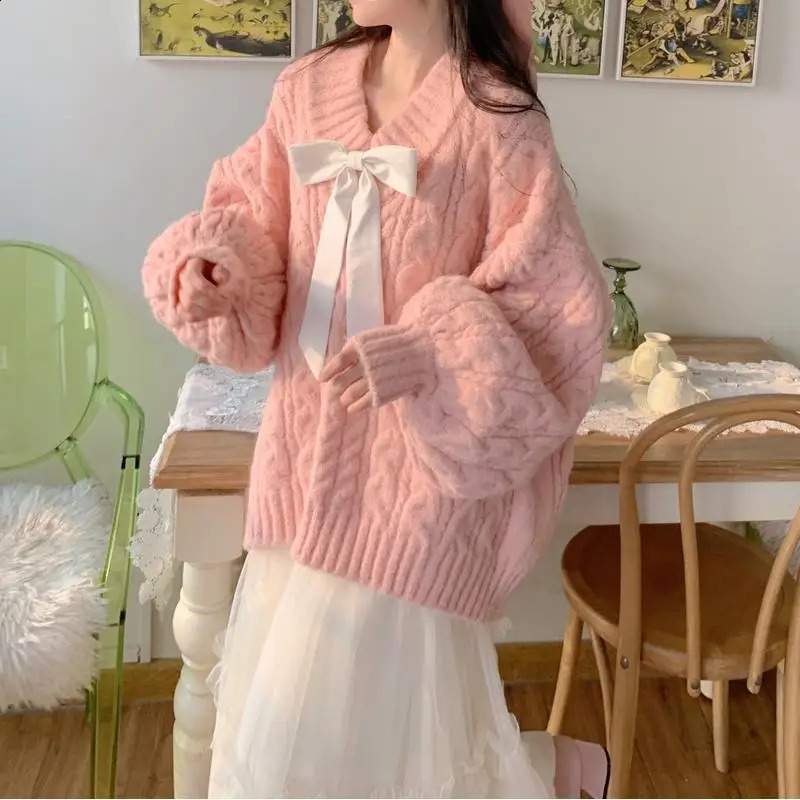 Autumn Winter Lazy Style Pullover Tops Women Vintage Pink Twist Cropped Sweater Woman Fashion Warm Loose Cozy Knit Sweaters 240730