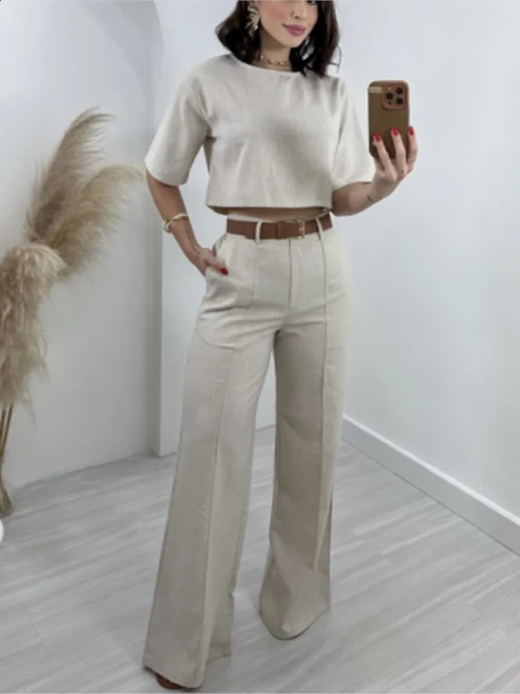 Casual style paired with twopiece womens summer 2024 fashion short sleeved Tshirt crop top high waist wide leg pants set 240729