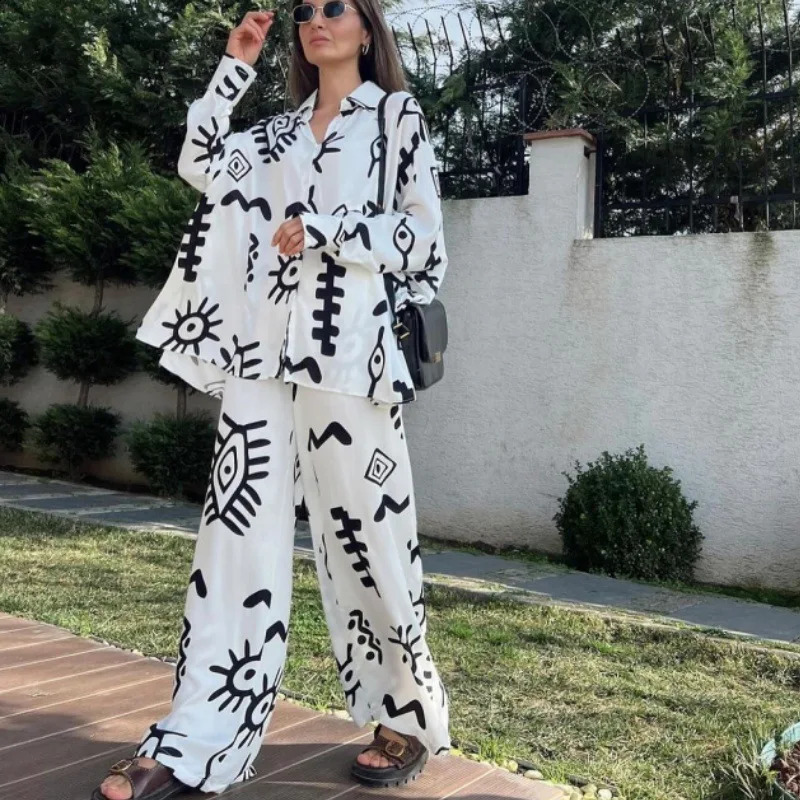Womens elegant wide leg pants twopiece set womens 2024 springsummer fashion printed casual floral top suit retro 240729