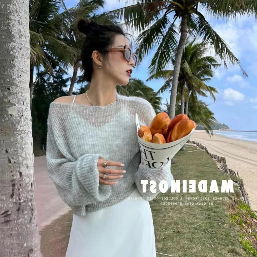 ZHUANQING femmes été mince pull ample Chic voir à travers à manches longues pull dame vacances couleur unie résistant au soleil haut en tricot 24