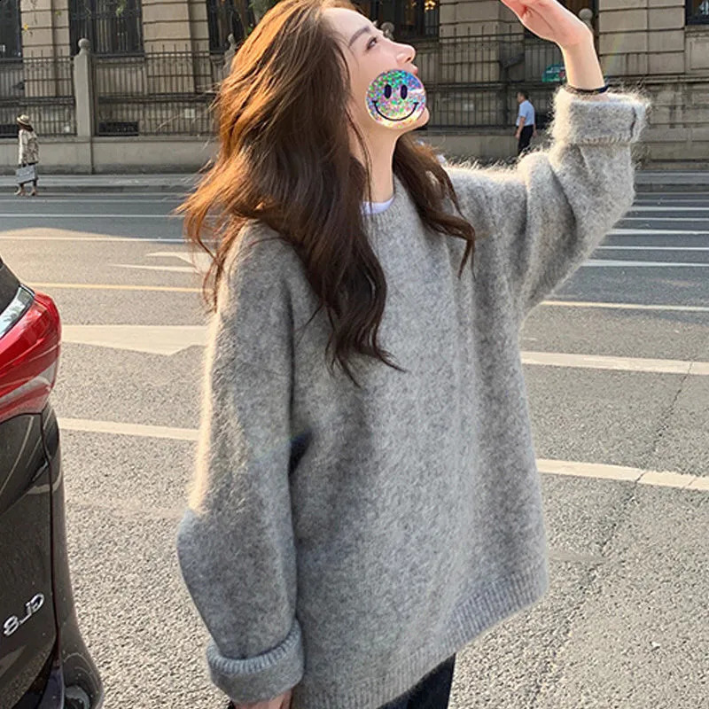 Limiguyue Grey Cashmere Wool Basic Sweater Women Loose Knit Raccoon Velvet Mohair Pullover Autumn Winter Female Knitwear E228 240730