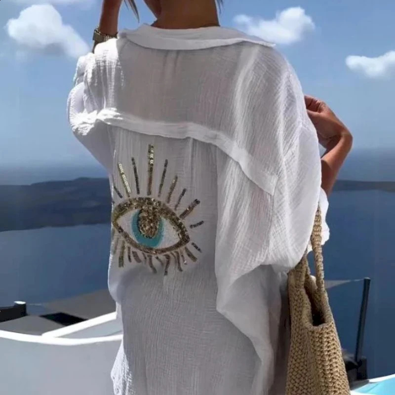Retro casual sequin eye mask womens summer beach style loose cotton linen sunscreen shirt top 240729
