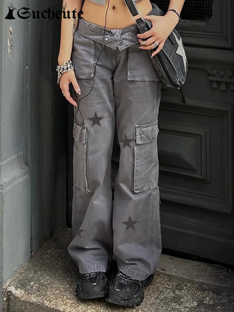 Suchcute y2k streetwear poches de cargaison jeans gris étoile imprimé basse monture pantalon droit gothique denim grunge bonbout vintage 240730