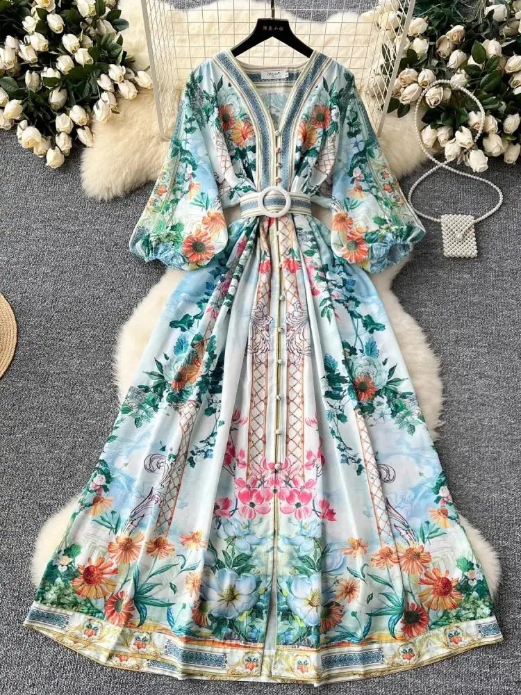 Automne Holiday Gorgeous Flower Linen Robe Femme V Neck Long Lantern Globe Single Breasted Floral Print Belt Robe Vestidos240730