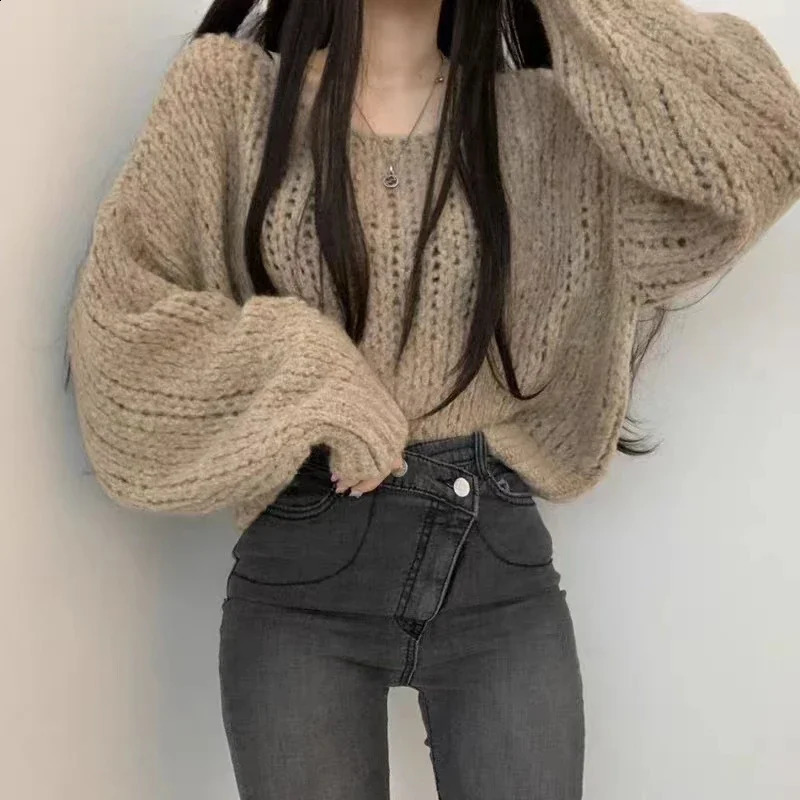 Women Hollow Out Solid Sweater Lantern Sleeve O-Neck Knitted Pullovers Casual Loose Sweater For Women Autumn Winter 240730