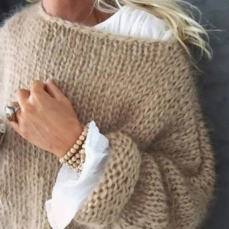 Women Lantern Long Sleeve O-Neck Sweater Fluffy Fuzzy Mohair Pullover Top Chunky Knit Solid Color Oversized Loose Jumper 240730