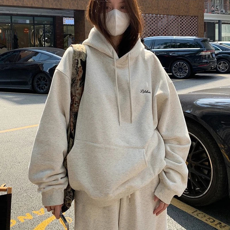Korean Fashion Y2k Wool Lined Hoodie Womens Loose Street Clothing 2023 Winter Super Large Yuan Su Thick Warm Sports Sweater 240729
