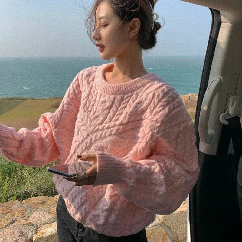 Autumn Winter Lazy Style Pullover Tops Women Vintage Pink Twist Cropped Sweater Woman Fashion Warm Loose Cozy Knit Sweaters V757 240730