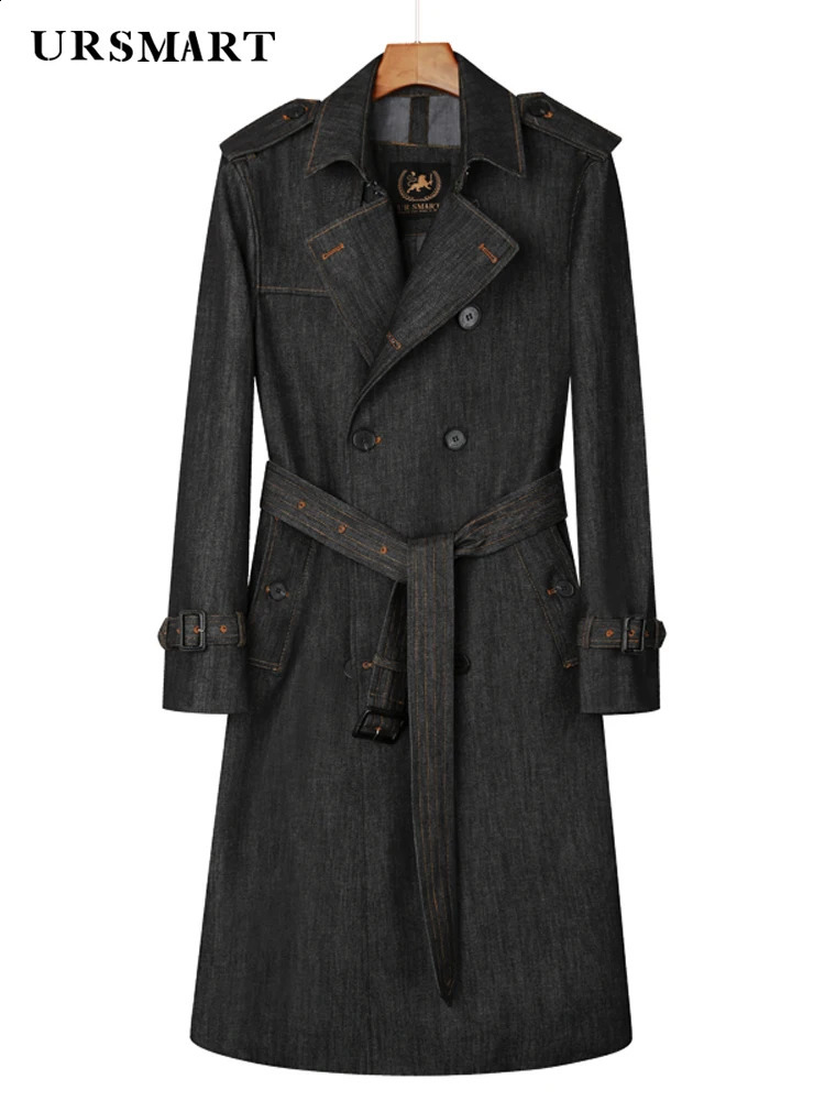 Long denim windbreaker men's over the knee double breasted British Jean trench coat Autumn and winter thickened warm jacket coat240730