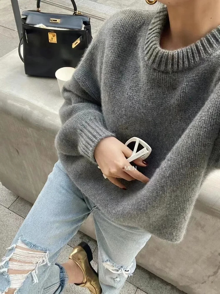 autumn and winter 100% cashmere sweater womens grey round neck pullover knitted wool loose thick sweater 240730