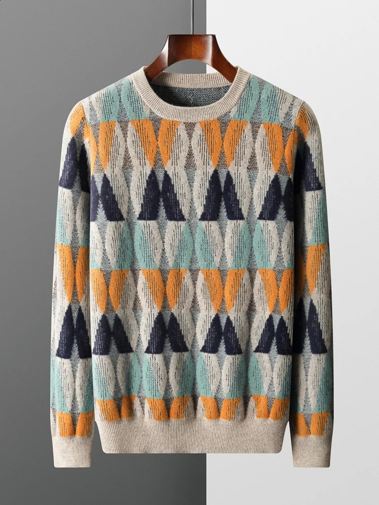 100% Merino Wool Mens O-Neck Pullover Knitted Jacquard Vintage Cashmere Sweater Casual Loose Large Thickened Autumn/Winter Top 240730