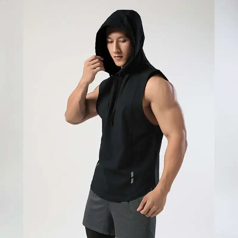 Breathable Casual Fitness Sports Hooded Sleeveless T-shirt Mens Summer Running Solid Color Quick Dry Sweat Top 240729