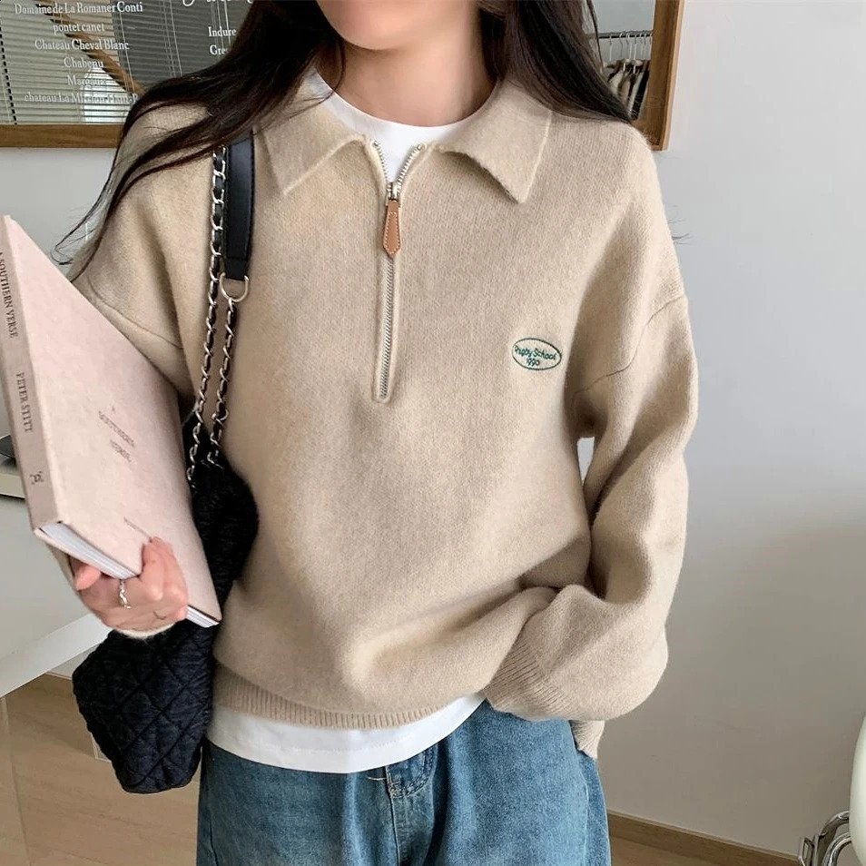 Half Zipper POLO Neck Sweaters Women Girls Vintage Preppy Sweatshirt Jumper Gray Khaki Loose Long Sleeve Pullover Korean Fashion 240730