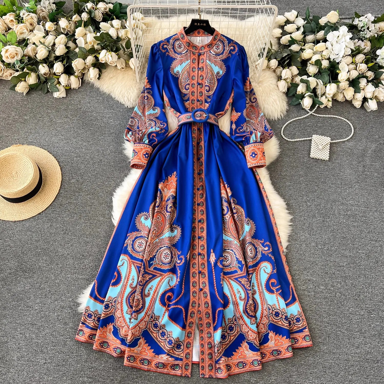 2024 Spring Summer Women Flower Palce Style Stand Collar Belt Single Breasted Lantern Sleeve Beach Holiday Dresses240730