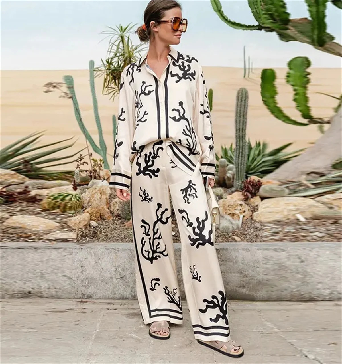 Elegant Printed Womens Suit 2024 Spring Summer Lapel Long Sleeve Top Wide Leg Trousers Fashion Soft Commute 2 Piece Set Casual240730