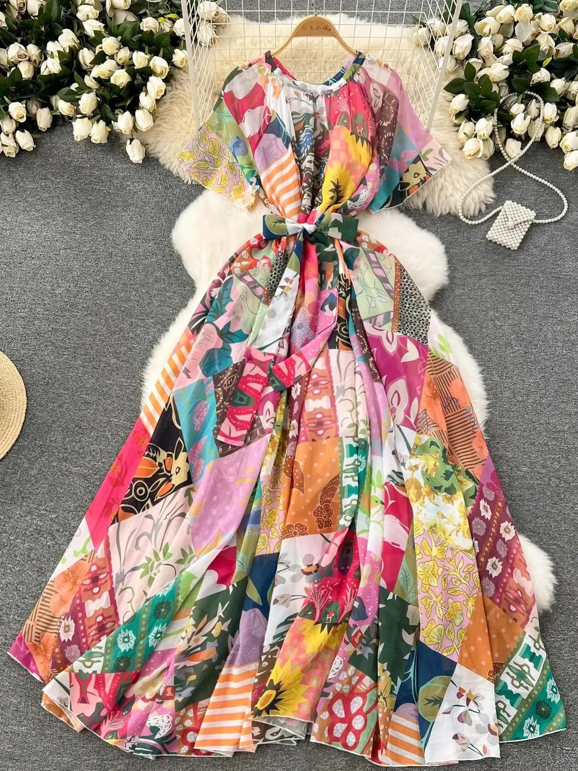 Summer Holiday Flower Printed Chiffon Robe Dress Women Oversized Bow Collar Short Sleeve Lining Beach Party Loose Maxi Vestidos240730