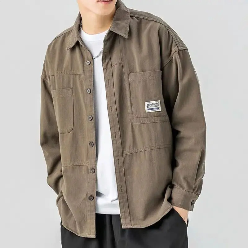 Spring Solid Color Vintage Fashion Casual Mens Clothing Loose Korean Version Long Sleeve Lapel Business Spliced Pocket Shirt240730