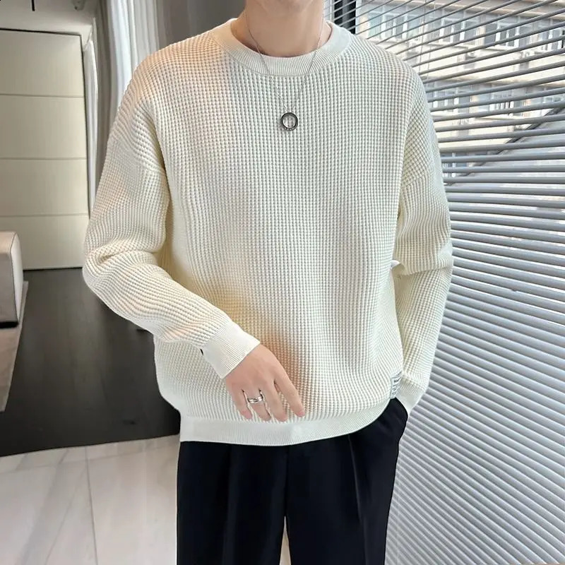 Spring Autumn Fashion Round Neck Long Sleeve Pullovers Mens Clothing Solid Color Korean Casual Loose Trend All-match Tops 240730