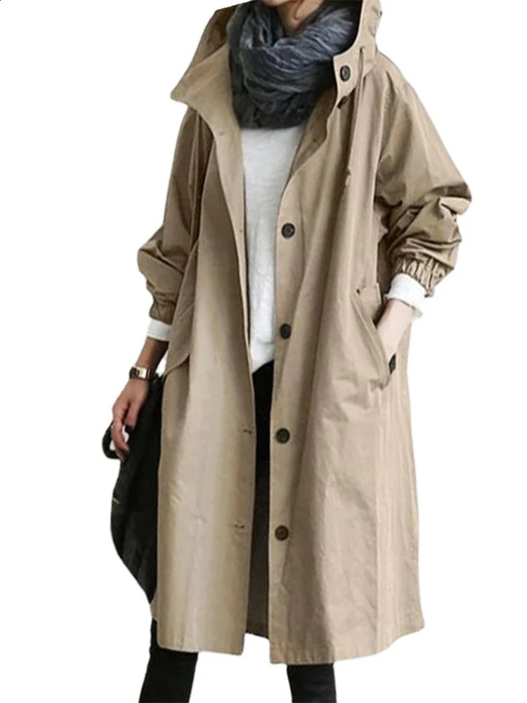 S-5XL Size Chic Women Trench Coat with Cap Button Casual Womens Long Outerwear Loose Overcoat Autumn Winter Fashion 240729