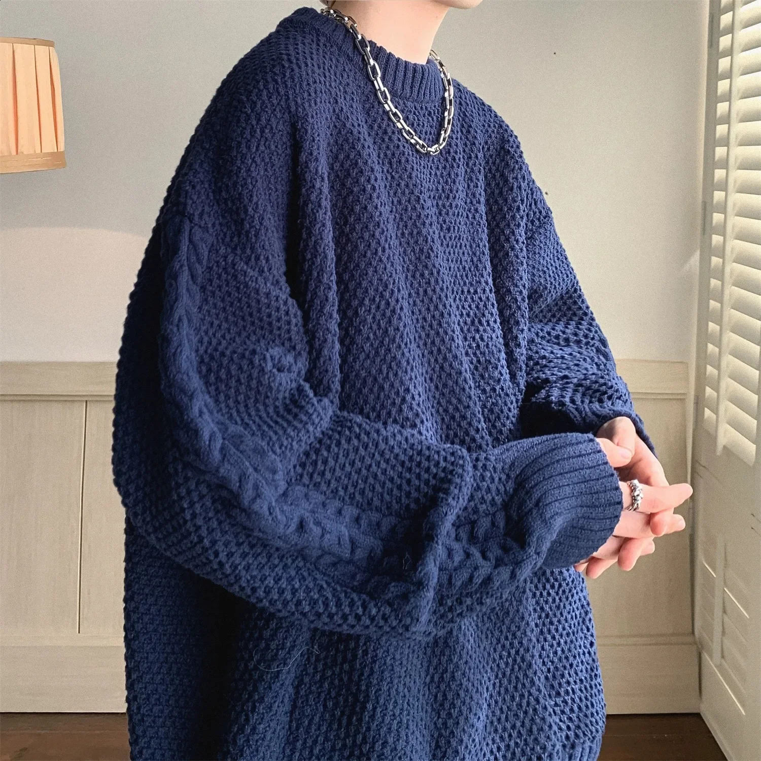 Pull tricoté vintage Pullion décontracté à cou rond pour hommes ajustement en vrac intérieur léger automne tricots d'hiver 240730